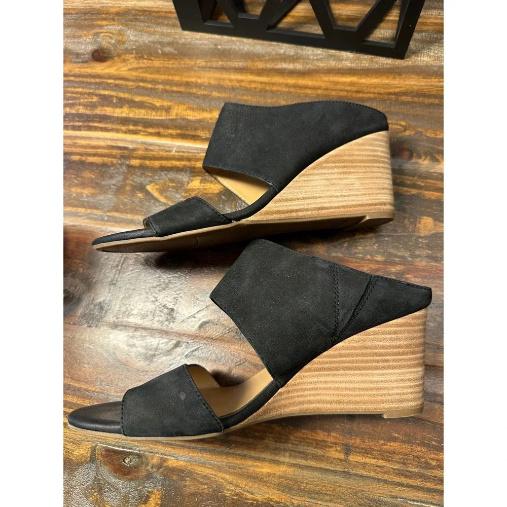 Franco Sarto Womens Mingle Black Leather‎ Wedge Heel Sandal US Size 8M